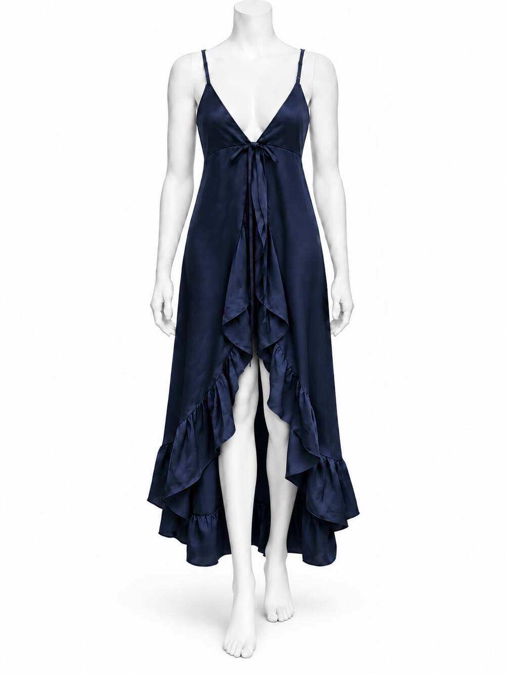 Intimately Free People Navy Blue Satin Ruffle High-Low Maxi Dress